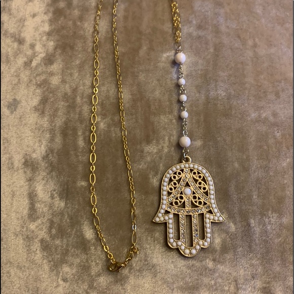 White Bead Crystal Hamsa Pendant & Gold Necklace - Picture 7 of 8